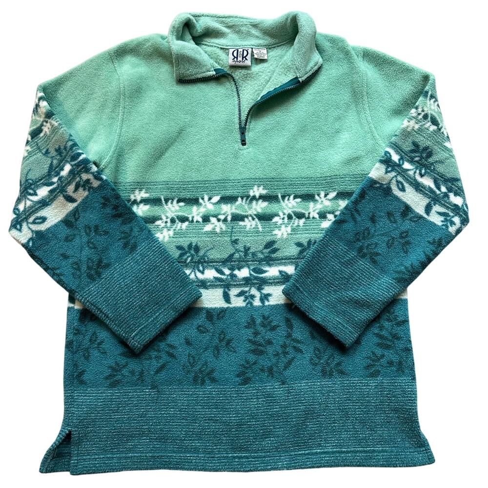 Vintage R&R Sport Green Ombre, Vine Design, Quarter Zip Up, Fleece Sweater- M